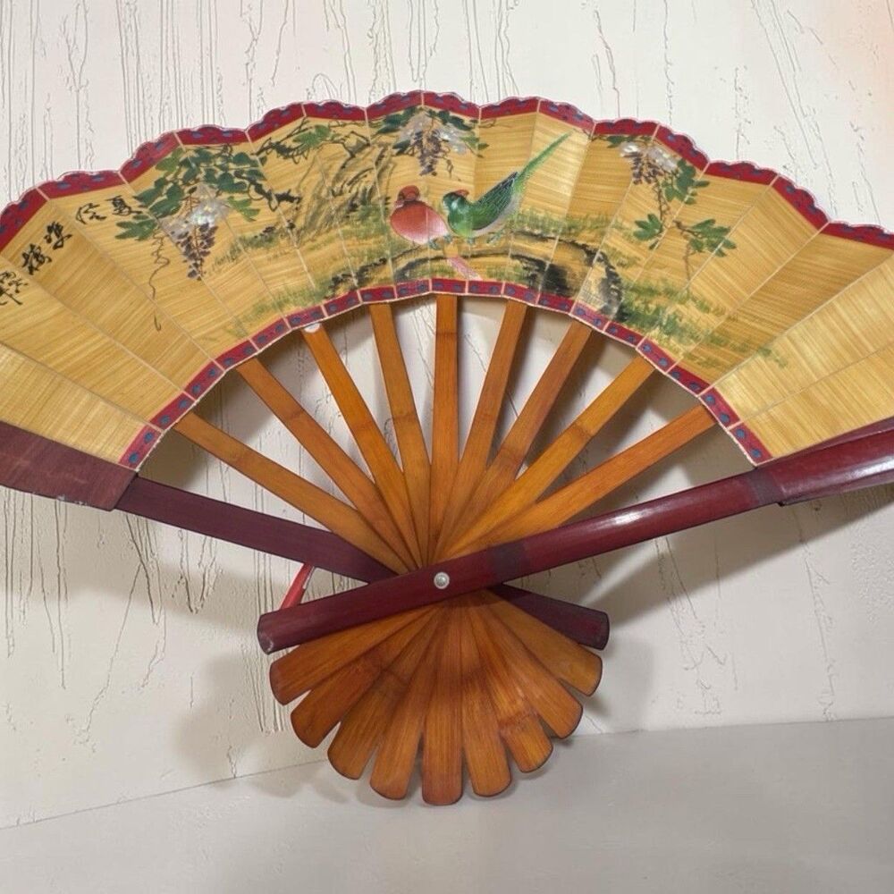 Vintage Chinese Wall Fan Large Hand Painted Bird Floral Decor Folding Fan Art